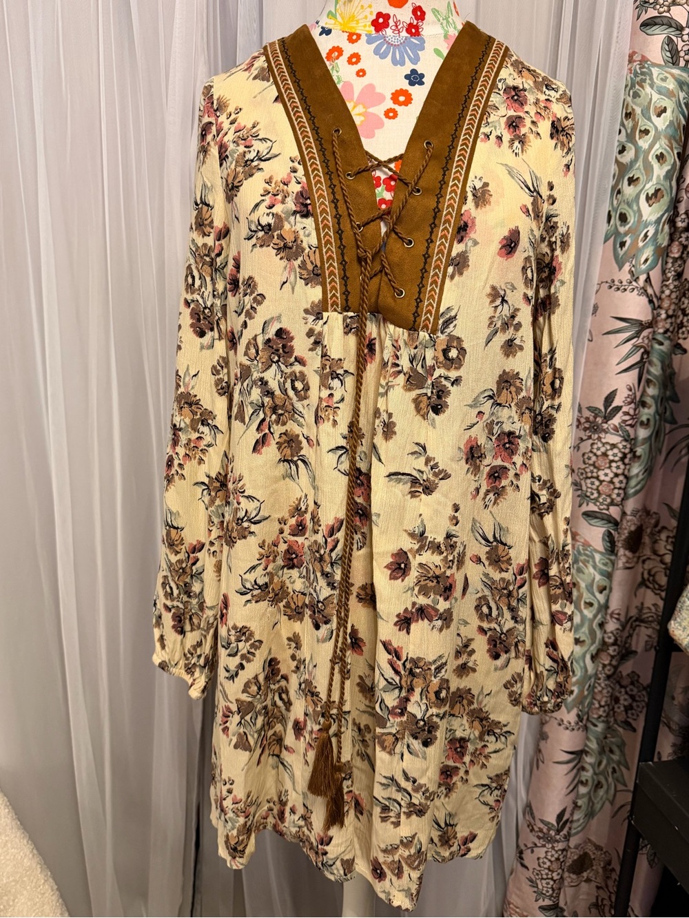 Altar'd State Cream Floral Mini Dress with Brown Trim